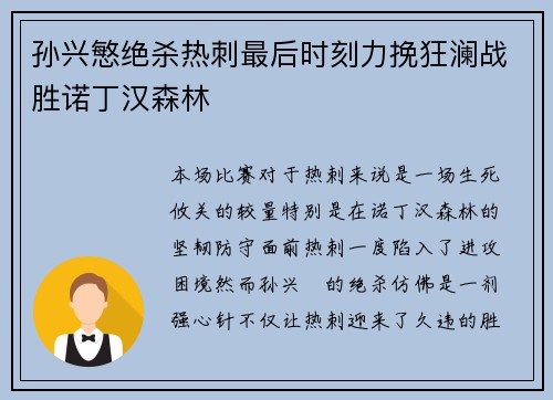 孙兴慜绝杀热刺最后时刻力挽狂澜战胜诺丁汉森林