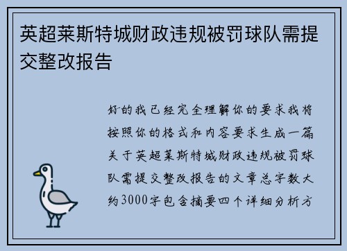 英超莱斯特城财政违规被罚球队需提交整改报告